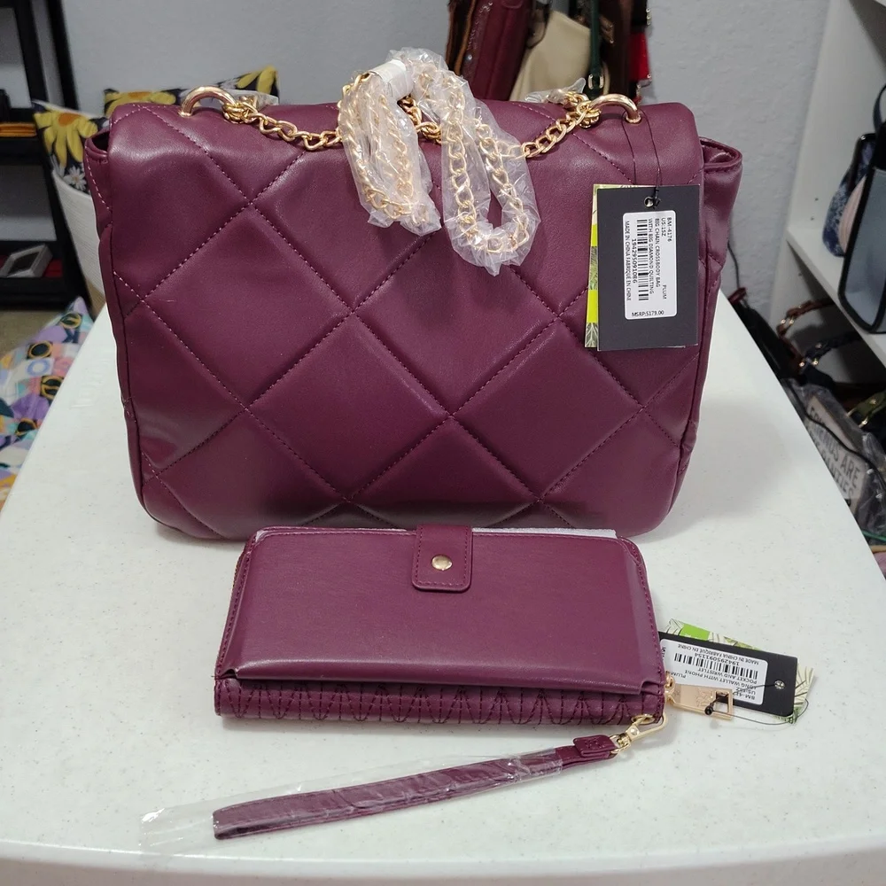 Brand New Quilted Diamond Accent Satchel/Crossbody and Wallet Set - Plum - Picture 2 of 2